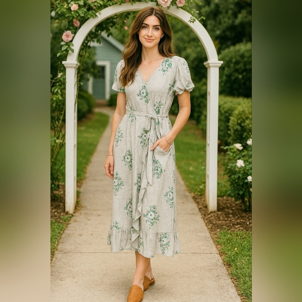 Loft Midi Short Sleeve Wrap Floral Dress Linen Blend Size 12